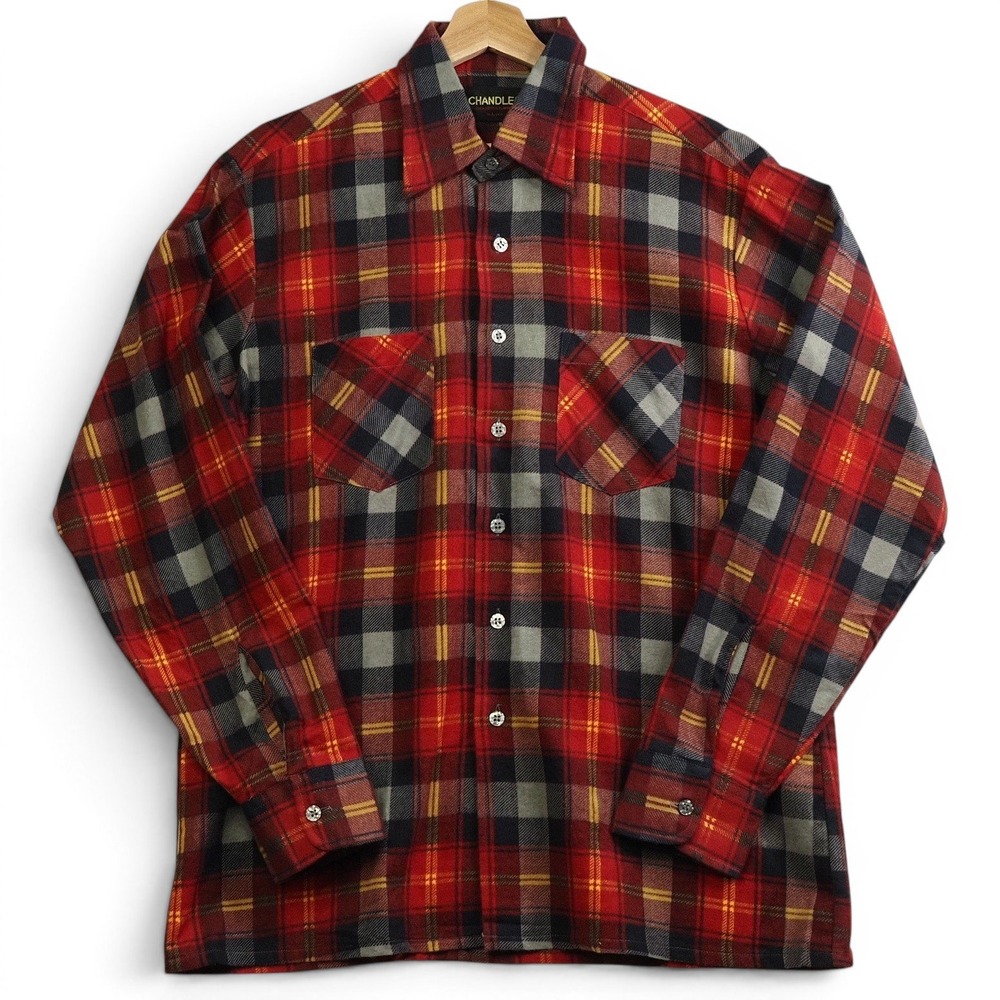 VTG 70s 80s Chandler Men's Flannel Shirt L Deadstock Red Plaid Workwear Grunge